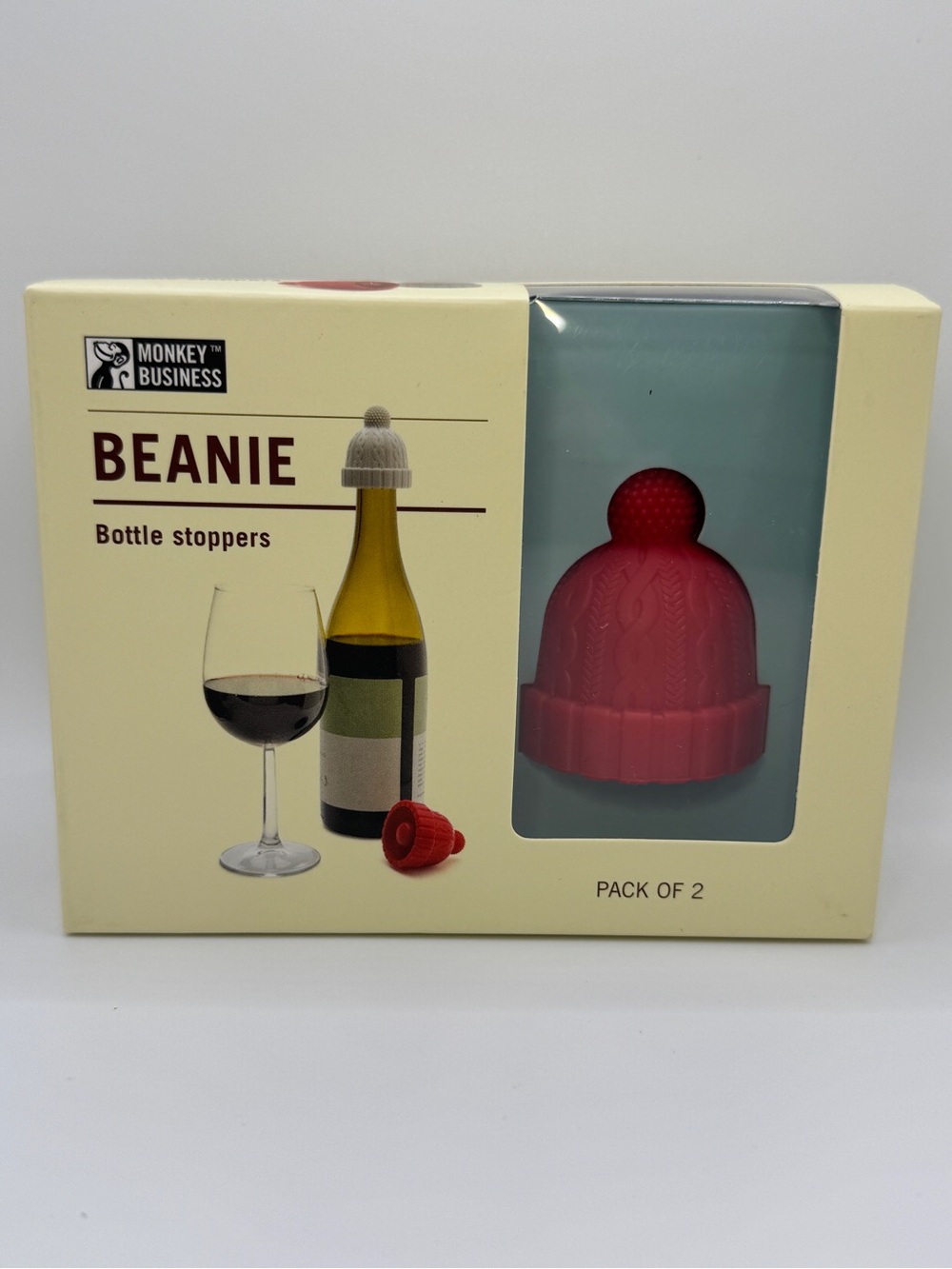NIB Monkey Business Beanie Silicone Bottle Stoppers Red & Grey Set of 2